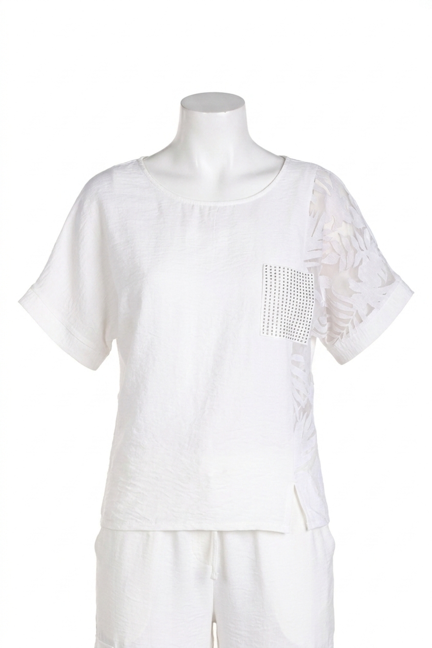 NEW FRANK LYMAN leaf print woven top in off white